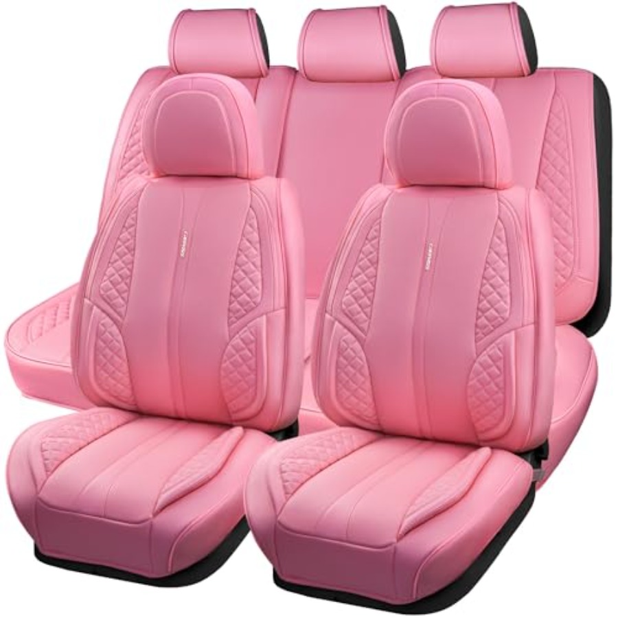 Leather Car Seat Covers Full Set Universal - Różowe pokrowce na siedzenia samochodowe z